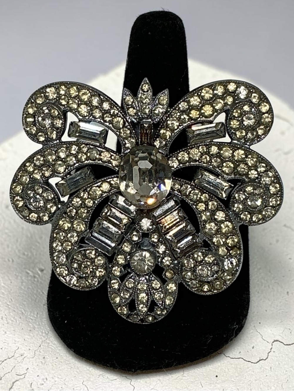 Vintage Art Deco Czech Signed Dress Clip Silver Tone Pot Metal Paste Rhinestones